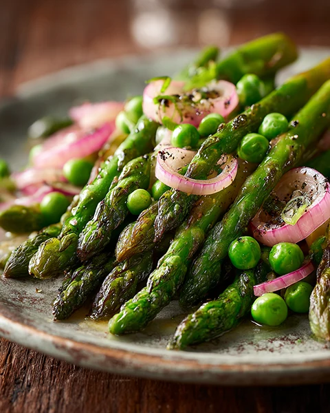 Roasted Asparagus & Pea Salad with Rhubarb Dressing
